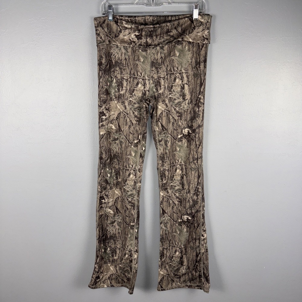 Playboy Leggings Womens L Tan Brown Real Tree Camo Foldover Waist Flare Leg